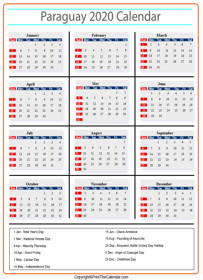Paraguay Calendar 2020